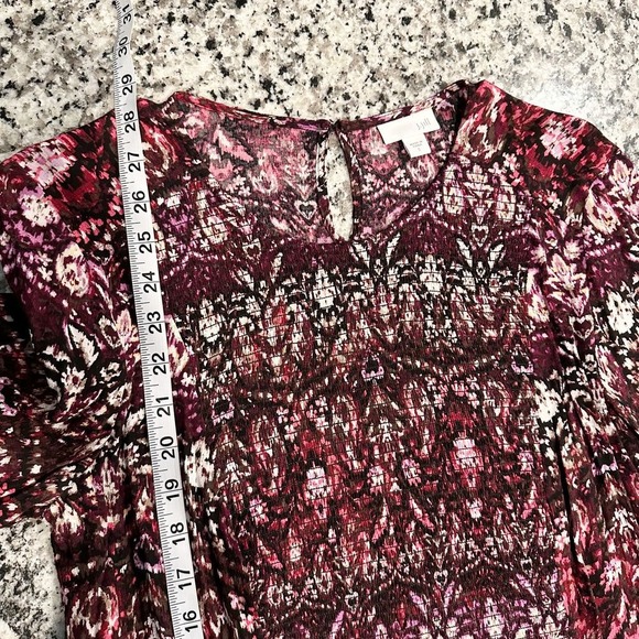 J. Jill Smocked Ikat Round Neck Tunic Blouse Top Purple Pink Small Boho Abstract - Picture 9 of 9